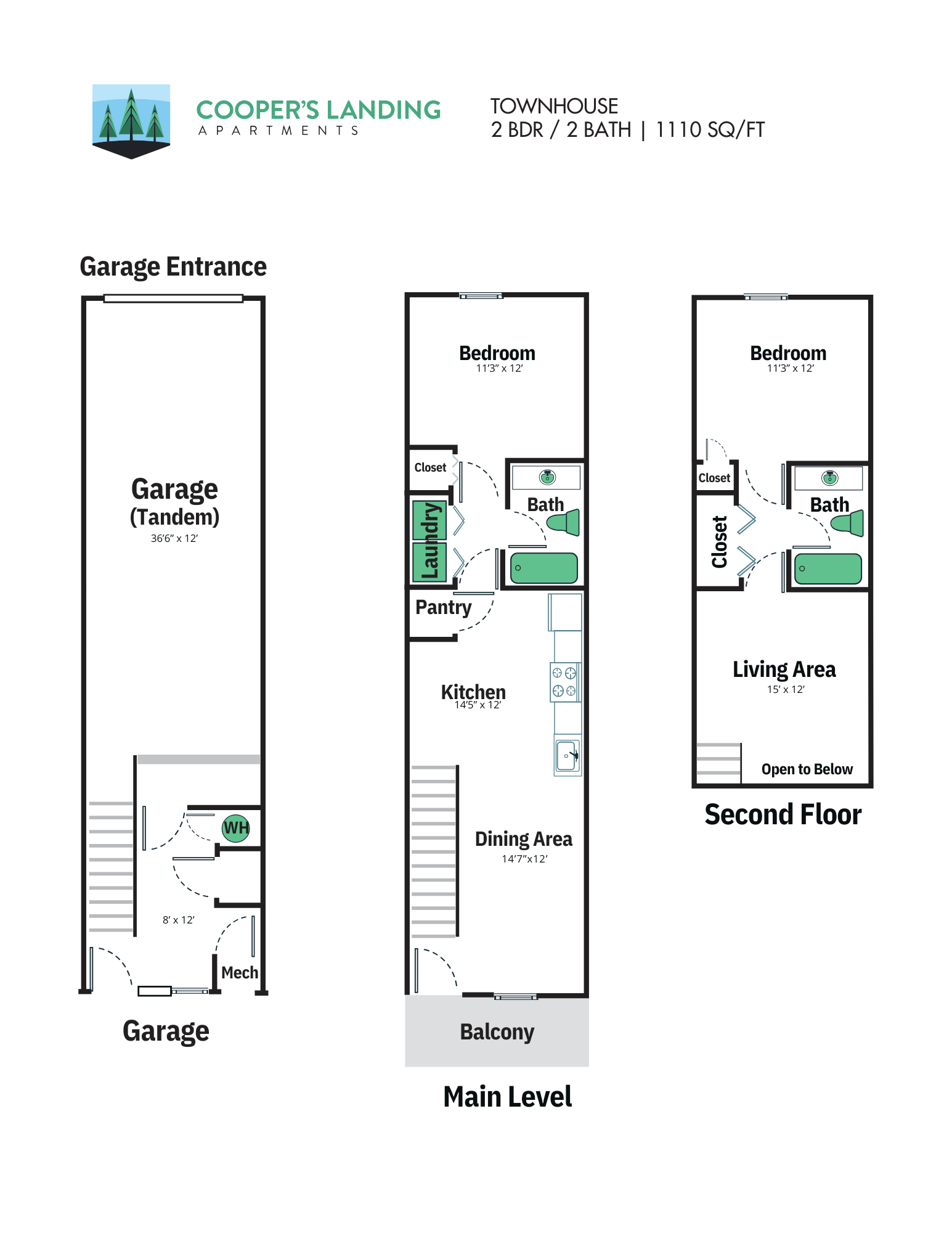 Floor plan for 2 beds, 2 baths, 1110 sqft